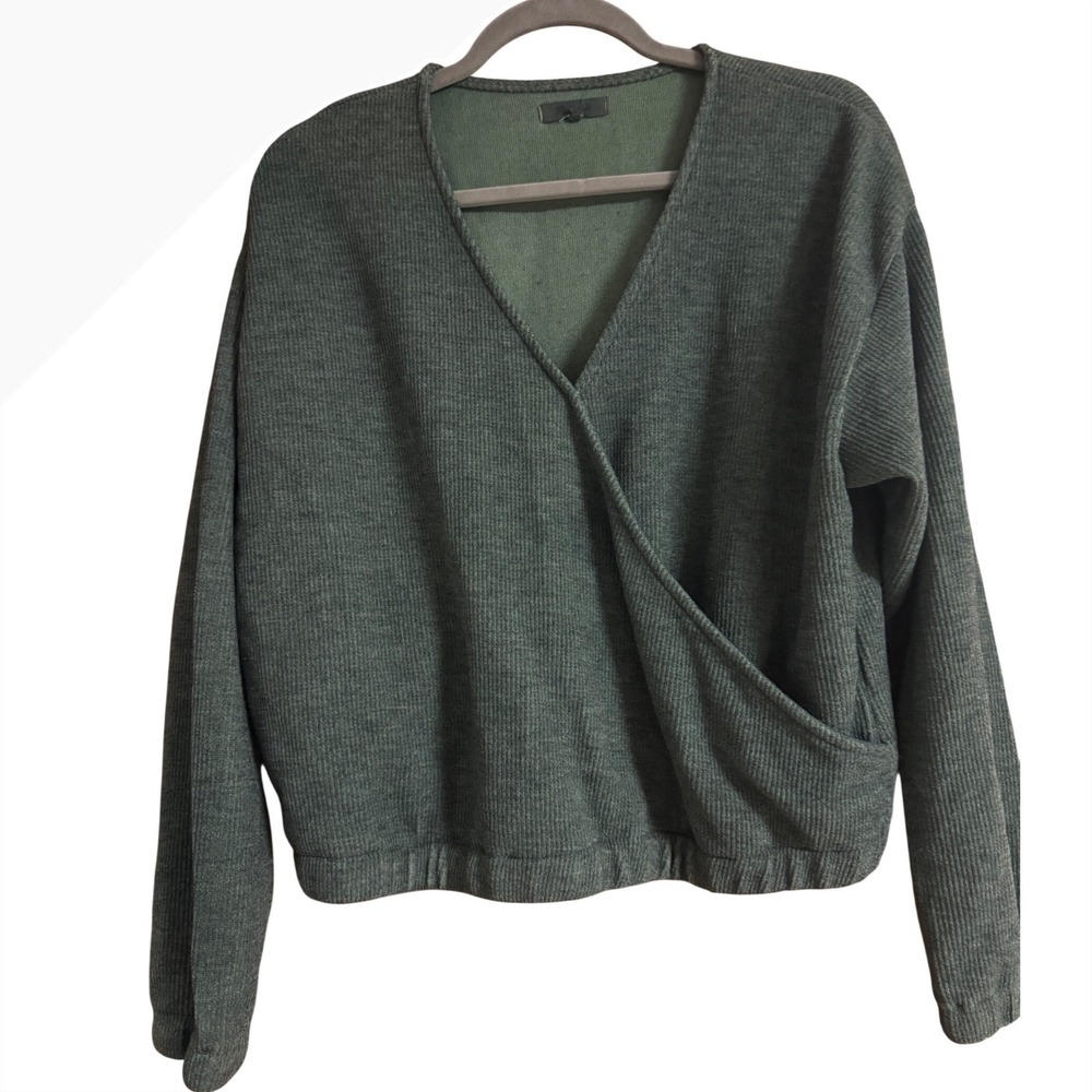Madewell Womens Ribbed Surplice Wrap Front Top Olive Green Long Sleeve Large